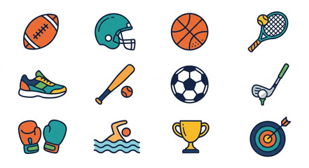 Colorful sports equipment icons set illustration.