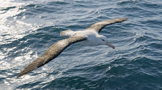 A majestic wandering albatross in flight over the deep blue ocean as a prime example of a magnificent oceanic bird species soaring across the sea