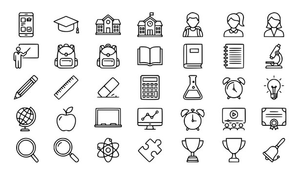 Premium education school and academic learning line icons set