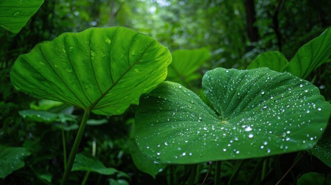 Gigantic Waxy Elephant Ear Plant Leaves Covered in Water Droplets Amidst Lush Forest Foliage