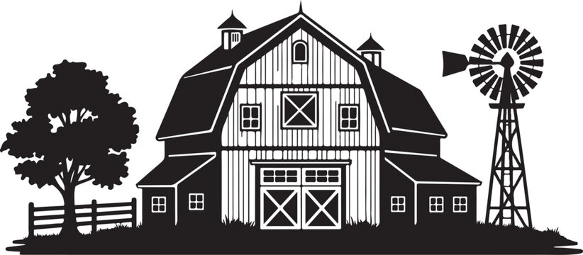 Black and white barn with windmill and tree isolated on transparent background
