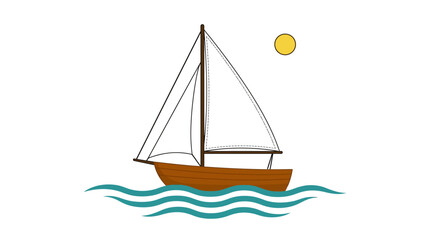Sailboat illustration depicts a wooden vessel navigating calm blue ocean waves under a bright yellow sun. © Fatima