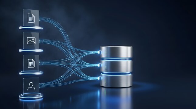 Enterprise data management infrastructure featuring floating interface screens connected to central database server by glowing fiber optic cables.