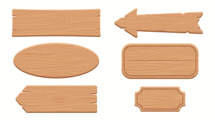 Obraz premium Rustic Wooden Sign Collection Set Isolated on White Background – Blank Wood Plaques, Arrows, Oval and Direction Boards Vector Illustration