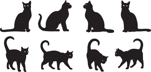 Black cat silhouettes, feline icons, kitten shapes, animal graphics isolated on Transparent Background © Riponislam