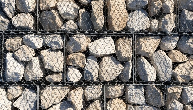 Gabion wall texture background with natural stones inside wire mesh cages for civil engineering and erosion control