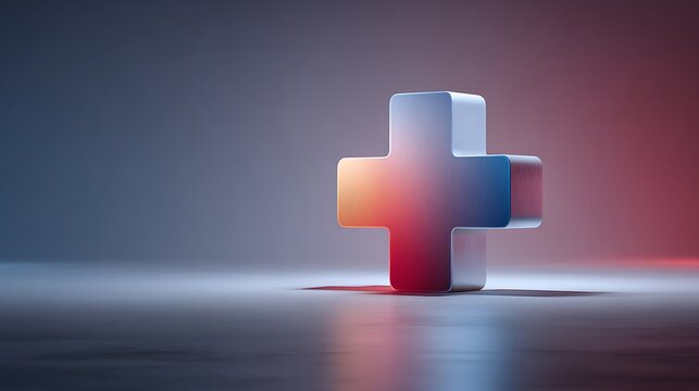Metallic cross symbol with smooth rounded edges in a gradient light display. 3D render