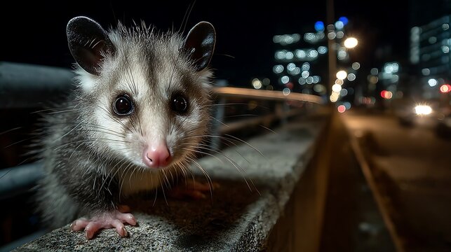 Adorable baby possum portrait looking into camera at night with city lights bokeh background