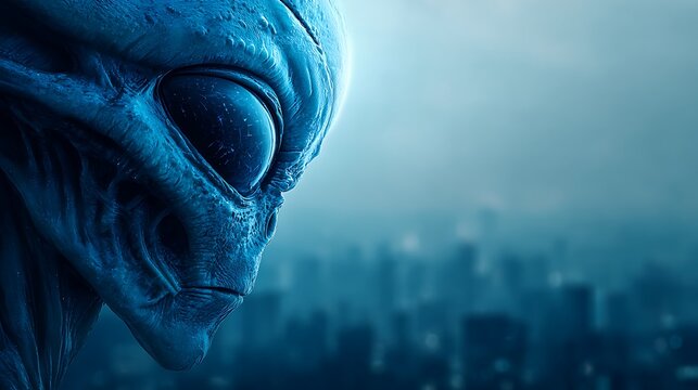 Close up of a realistic blue alien head with large dark eyes and textured skin. overlooking a blur