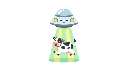 Fototapeta premium Cute Cartoon UFO Abducting a Happy Cow Illustration