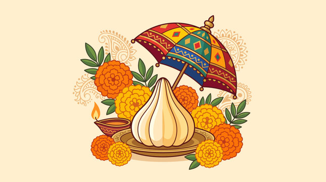 Indian Festival Ganesh Chaturthi Elements Featuring Modak Sweet, Marigolds and Decorative Umbrella