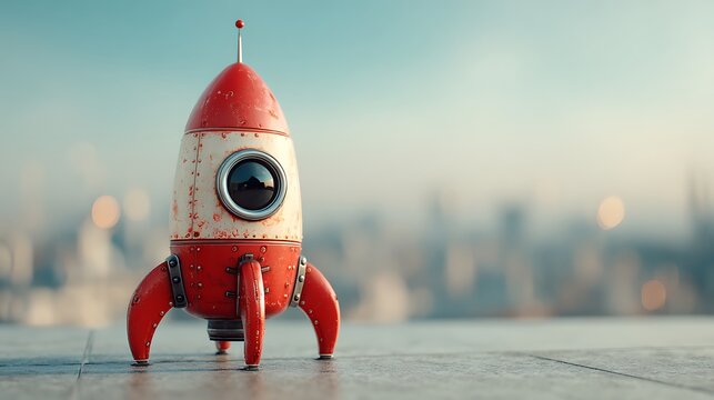 Retro red and white cartoon rocket ship with large circular window. standing on tiled surface with