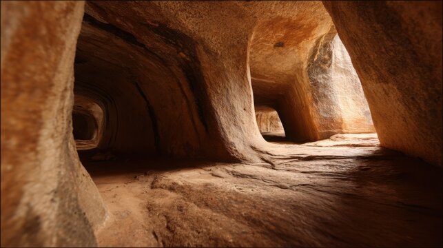 Deep sandstone cave recess with shadowed interior and natural rock formations illuminated by soft light