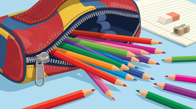 Creative illustration of a colorful pencil case with bright drawing pencils spilling out