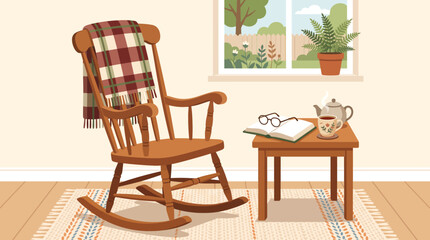 Fototapeta premium Cozy Home Interior Scene with Wooden Rocking Chair and Tea for Reading
