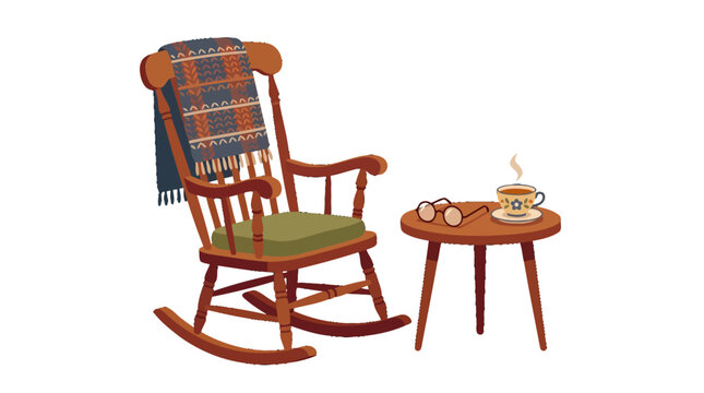 Comfortable wooden rocking chair with a blue blanket and hot tea on a side table