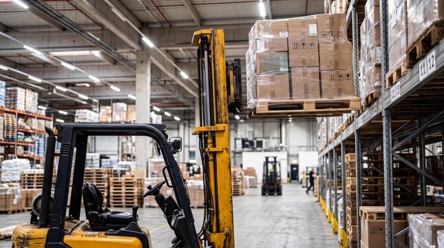 Yellow forklift truck lifting a cardboard pallet in a logistics warehouse