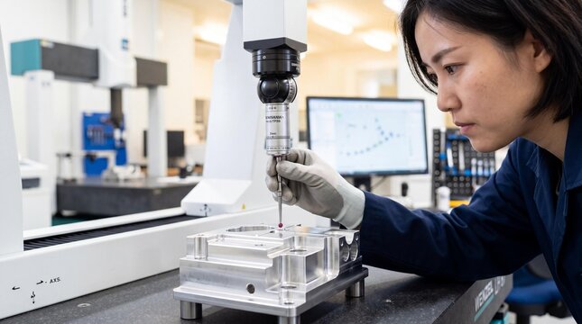 Female Engineer Using Coordinate Measuring Machine for Quality Control Inspection