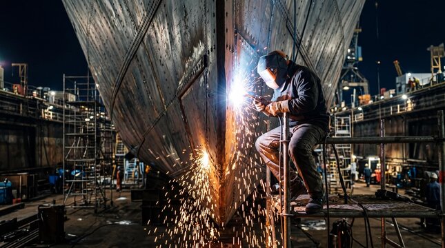 Welder working on steel ship hull at night in shipyard with bright sparks