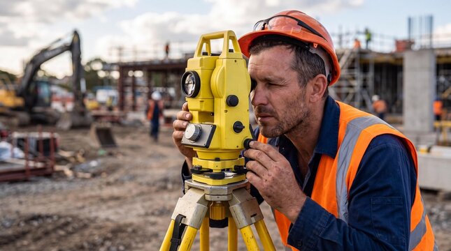 Male surveyor using a total station theodolite on a busy construction site