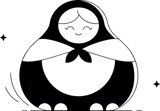 Minimalist Black and White Matryoshka Nesting Doll Vector Icon with Cute Smiling Face for Russian Folk Culture Souvenir Branding and Toy Logos
