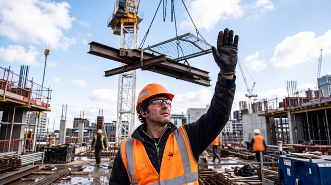 Construction Crane Banksman Signaling Tower Crane Operator on Busy Site