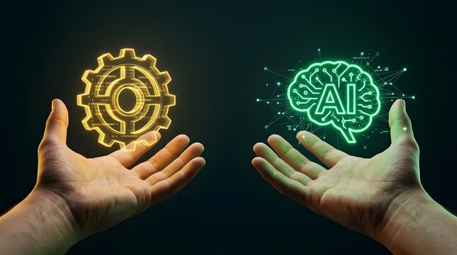 Artificial intelligence technology and hands with brain gear icon for business, industrial automation and future innovation. Digital solution, software and network with robot, machine learning and cy