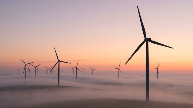 Wind Turbines at Sunrise in a Foggy Landscape.