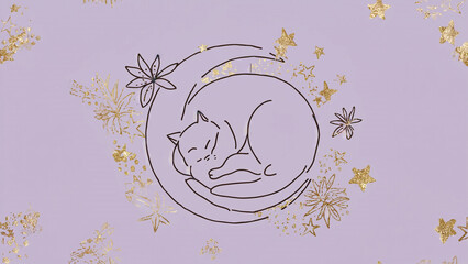 Obraz premium dreamy line art of kitten sleeping on crescent moon on white background.ai 