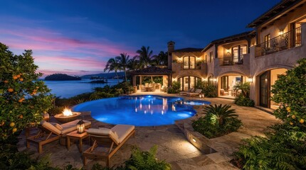 Fototapeta premium Mediterranean style villa with arched windows and pool by the bay