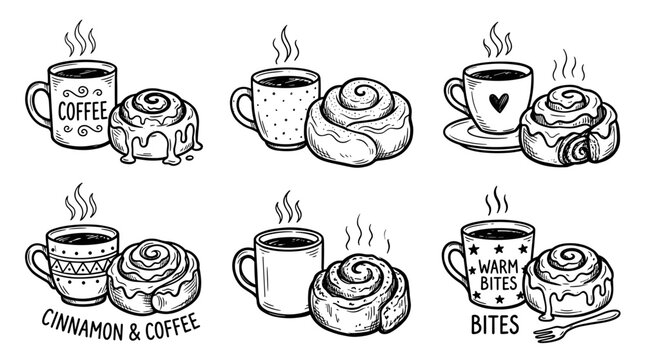 Hand Drawn Coffee Cups and Cinnamon Rolls Seamless Pattern