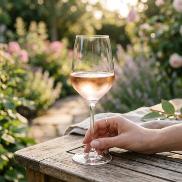 Woman holding a glass of rose wine in a garden at sunset.