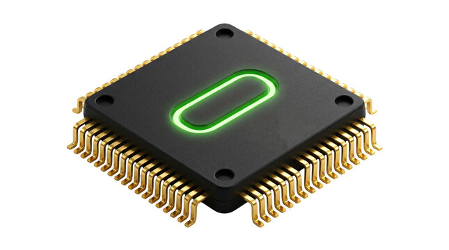 Computer processor chip with glowing light. Electronic microchip hardware component.