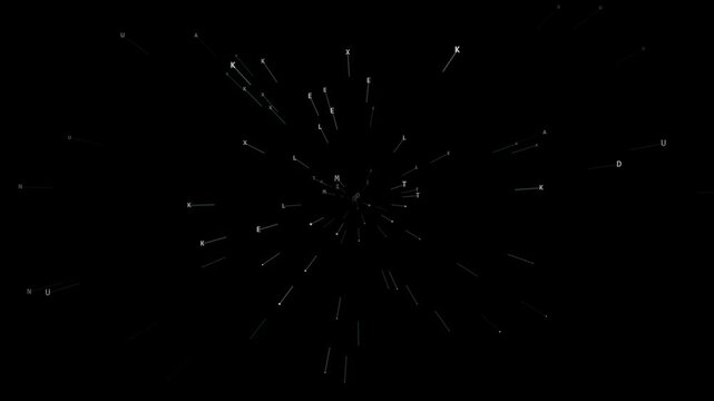 Abstract digital letters and particles animate dynamically on a black background for a data concept