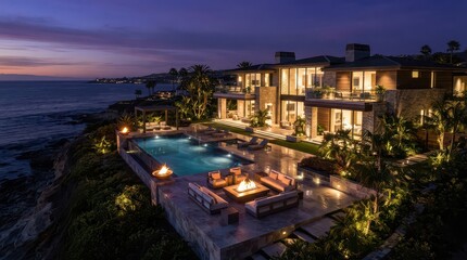 Fototapeta premium Cliffside ocean mansion with pool terrace and fire pit at twilight