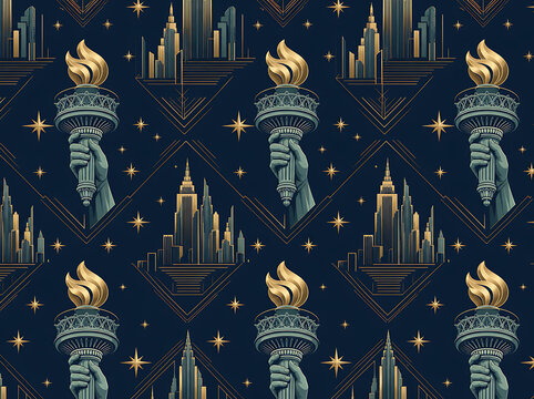 A seamless pattern of the Statue of Liberty and NYC skyline creates a stunning background.