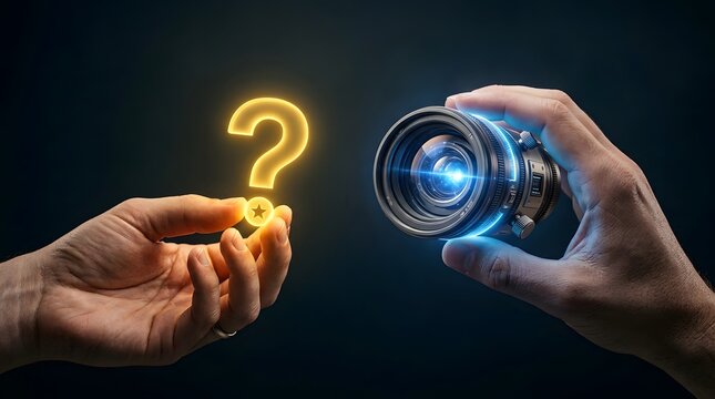 Camera lens, photography and question mark in hands for visual search, digital art and creative solution. Optical gear, professional and help with curiosity, focus and discovery in studio image.