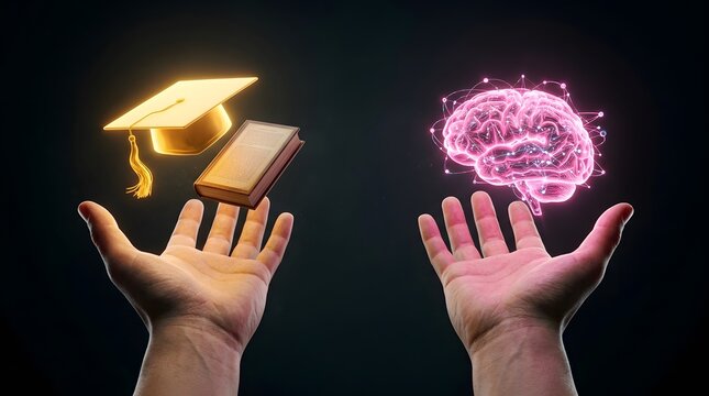 Education, brain and learning with hands for intelligence, mental health and student growth. Graduation cap, book and mind with technology, cognitive skills and knowledge power for future career