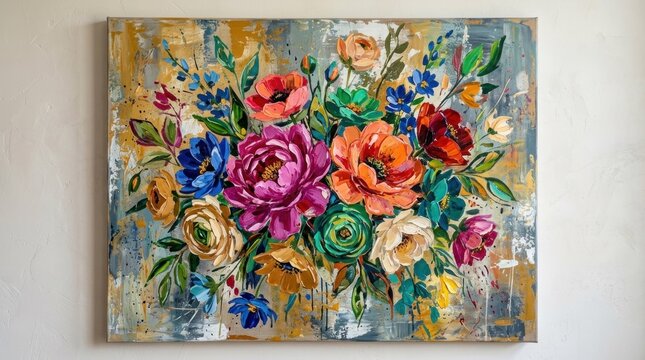 A vibrant, colorful bouquet of flowers with a textured, abstract background.