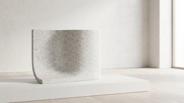 A minimalist white sculpture with a textured surface and a hole in the center, placed on a white pedestal in a minimalist room with a large window.