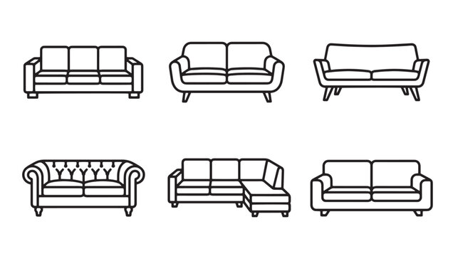 Living room sofa and couch furniture icons with furniture interior upholstery minimalist illustration pictogram residential domestic chesterfield sectional furnishing arrangement