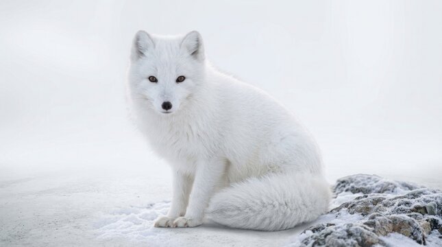 A white arctic fox sitting on a snowy ground with rocks in the background.