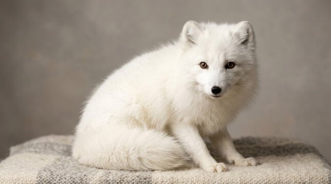 A white arctic fox sitting on a textured surface with a neutral background.