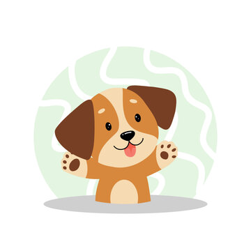 Friendly cartoon beagle puppy looking forward and waving its paw with a happy smile