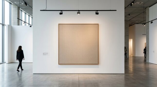 A large, empty white gallery space with a large, square, beige canvas hanging on the wall, surrounded by white walls and a high ceiling with black track lighting.