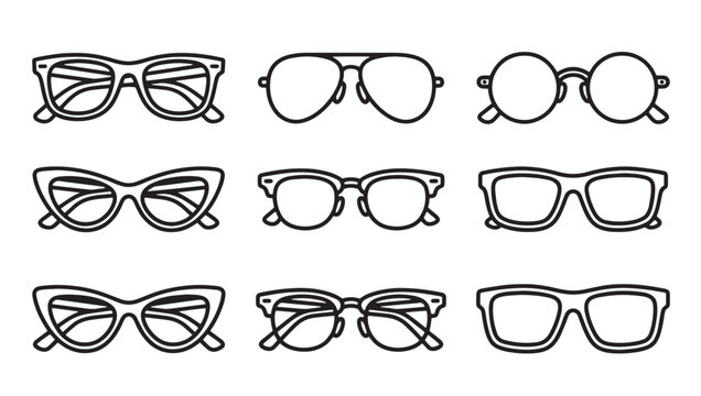 Set of diverse fashion eyeglasses and frames icons with spectacles accessory illustration collection minimalist isolated monochrome visionary optician protection