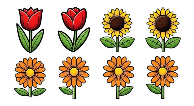 Set of colorful hand-drawn flowers in a simple crayon illustration style