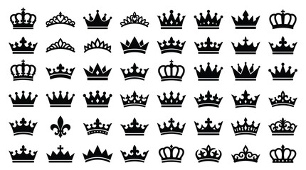 Large collection of black crown silhouettes including royal tiaras and coronets for monarchic branding, king and queen icons isolated on a white background in a grid layout. © Saida Nahdhoh
