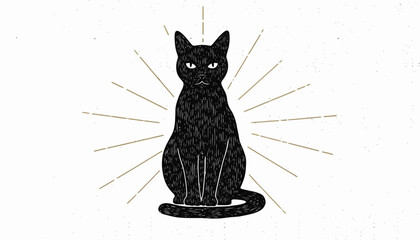 Cat sits upright as a stylized graphic illustration with radiating sunburst lines. © Desire