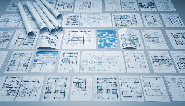 A collection of architectural blueprints and floor plans laid out on a table, with some rolled-up plans in the background, illustrating building design and construction details.
